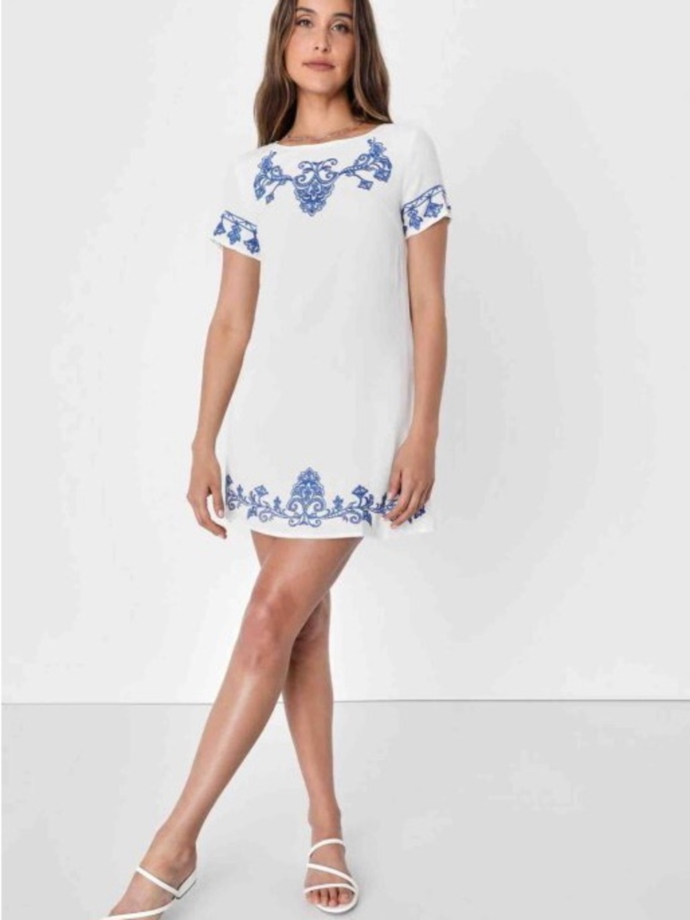 Lulu's White Tunic Dress with Blue Baroque Embroidery